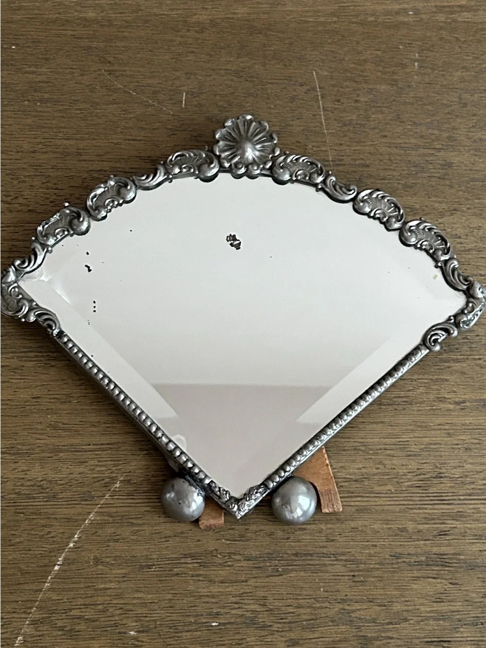 Vintage French Art Deco Vanity Table Mirror. Decorative Fan Shape Design.